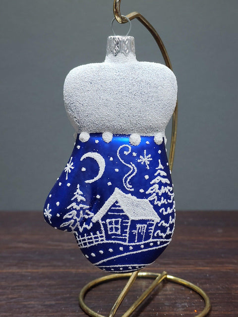 Hand Decorated Glass Keepsake Ornament - Charming Large Blue Mitten Design