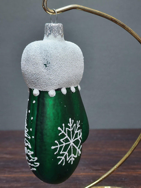 Hand Decorated Glass Keepsake Ornament - Charming Large Green Mitten Design