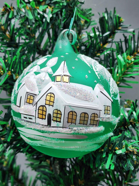 Green Blown Glass Ornament - Handcrafted - White Church Design