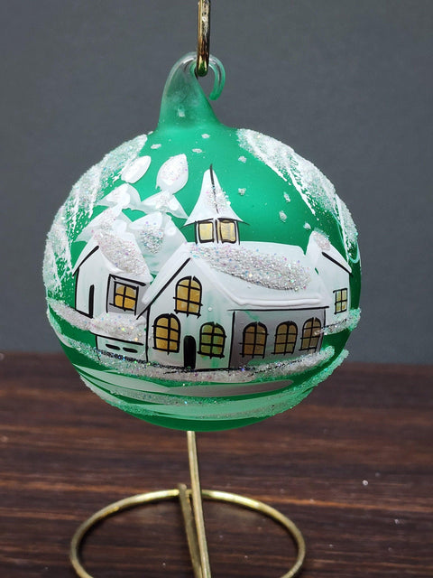 Green Blown Glass Ornament - Handcrafted - White Church Design