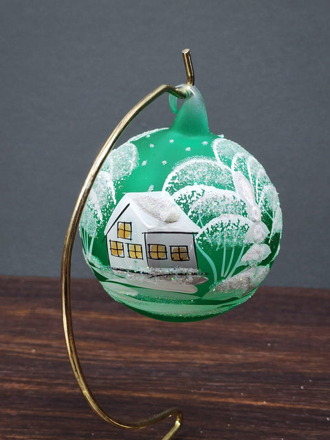 Green Blown Glass Ornament - Handcrafted - White Church Design