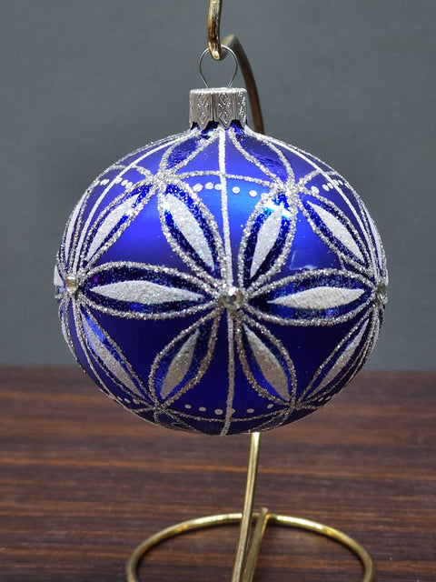 Blown Blown Glass Ornament - Handcrafted - Blue Daisy Bauble Design