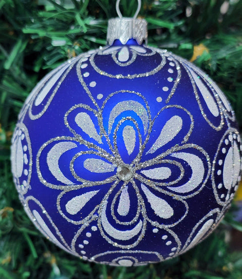 Blue Blown Glass Ornament - Handcrafted - Flower Design