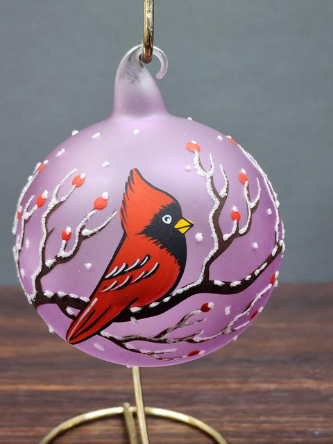 Lavender Blown Glass Ornament - Handcrafted - Red Cardinal Design