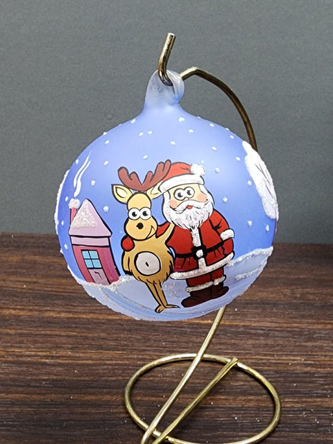 Light Blue Blown Glass Ornament - Handcrafted -  Santa N Reindeer Design