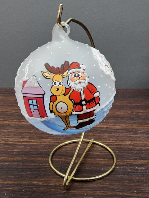 Frosted Blown Glass Ornament - Handcrafted - Santa N Reindeer Design