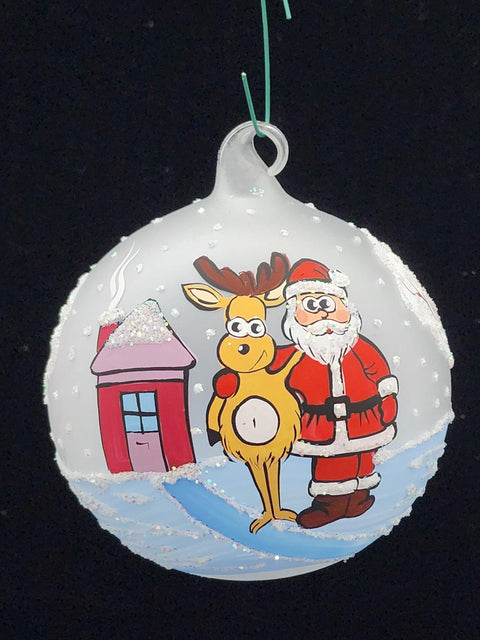 Frosted Blown Glass Ornament - Handcrafted - Santa N Reindeer Design