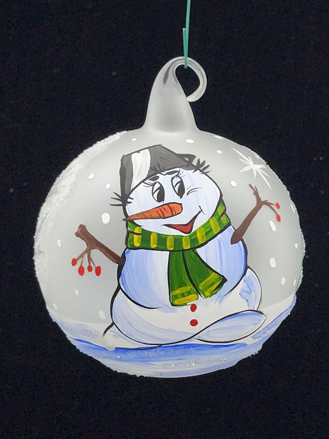 Frosted Blown Glass Ornament - Handcrafted -  Snowman N Christmas Scarf Design