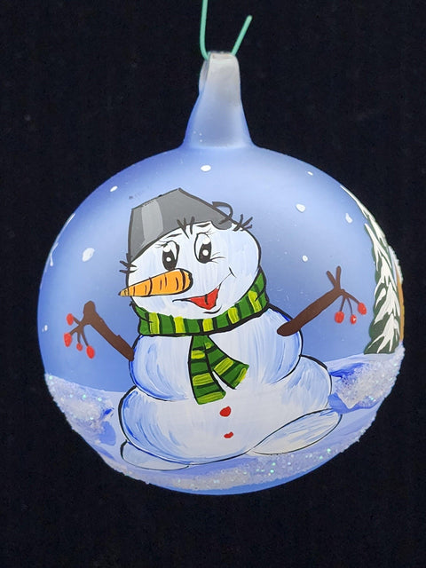 Light Blue Blown Glass Ornament - Handcrafted - Fat Snowman Design