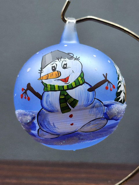 Light Blue Blown Glass Ornament - Handcrafted - Fat Snowman Design