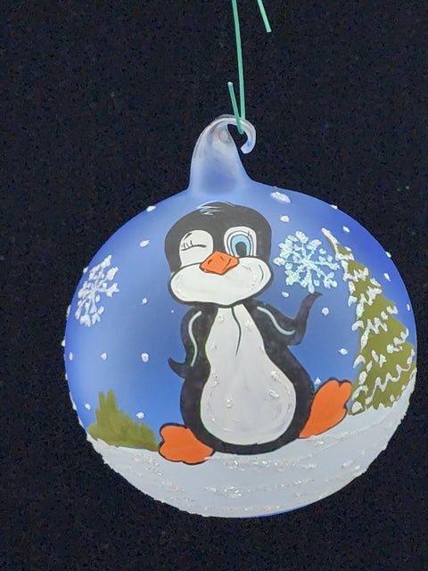 Light Blue Blown Glass Ornament - Handcrafted -  Charming Penguin  Design