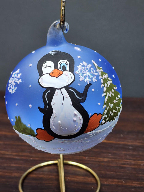 Light Blue Blown Glass Ornament - Handcrafted -  Charming Penguin  Design