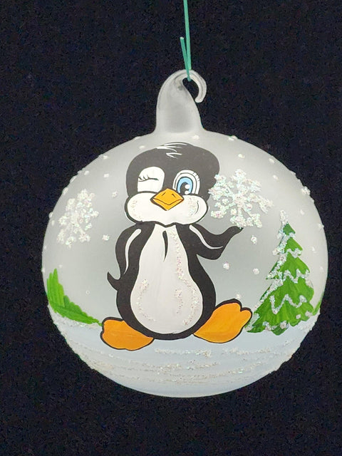 Frosted Blown Glass Ornament - Handcrafted - Charming Penguin Design