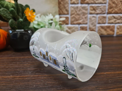 Frosted Glass Single Candle Holder  - White Church Yule Log Style