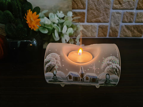 Frosted Glass Single Candle Holder  - White Church Yule Log Style