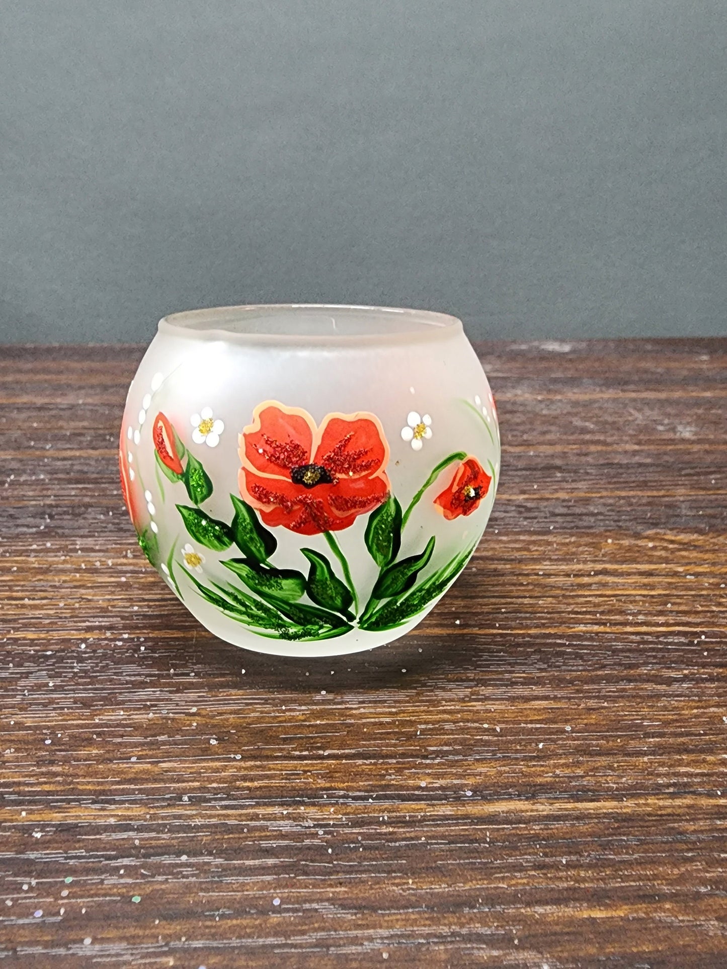 Poppy Flower Candle Holder  - Hand Made In Ukraine - Blown Glass - Hand Painted - Frosted Glass - Poppy Flower - Tealight Candle Holder