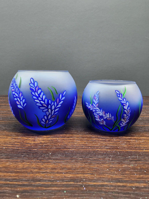 Blue Glass Candle Holder - Lavender Flower - Multiple Sizes