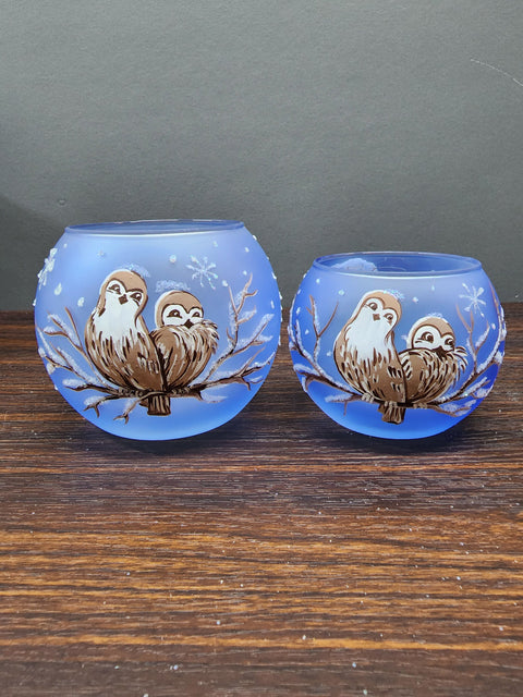 Light Blue Glass Candle Holder - Love Owls - Multiple Sizes