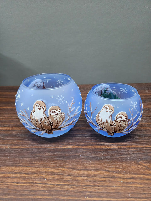 Light Blue Glass Candle Holder - Love Owls - Multiple Sizes