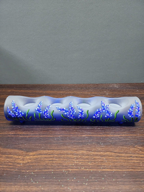 Blue Glass Quad Candle  Holder - Lavender Flower  Yule Log Style