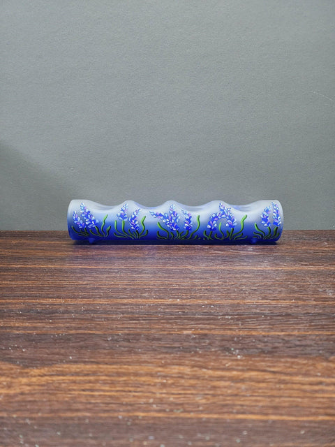 Blue Glass Quad Candle  Holder - Lavender Flower  Yule Log Style