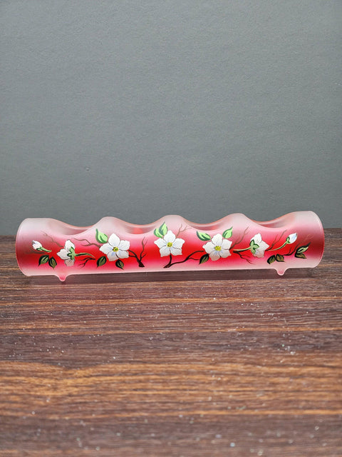 Red Glass Quad Candle Holder - Dogwood Flower  Yule Log Style