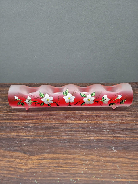 Red Glass Quad Candle Holder - Dogwood Flower  Yule Log Style