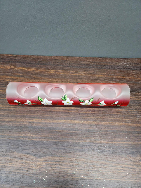 Red Glass Quad Candle Holder - Dogwood Flower  Yule Log Style