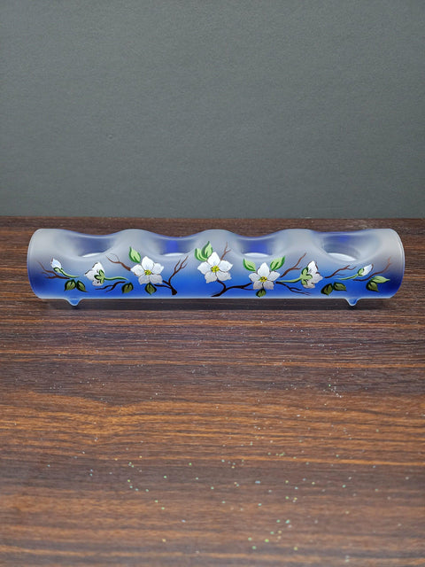 Blue Glass Quad Candle Holder - Dogwood Flower Yule Log Style