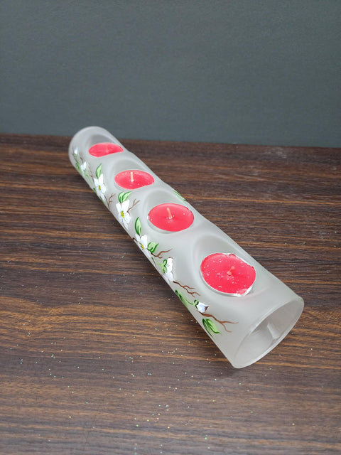 Frosted Glass Quad Candle Holder - Dogwood Flower Yule Log Style