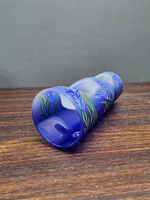 Blue Glass  Double Candle Holder  - Lavender Flower Yule Log Style