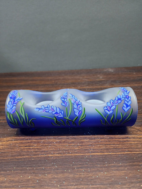 Blue Glass  Double Candle Holder  - Lavender Flower Yule Log Style