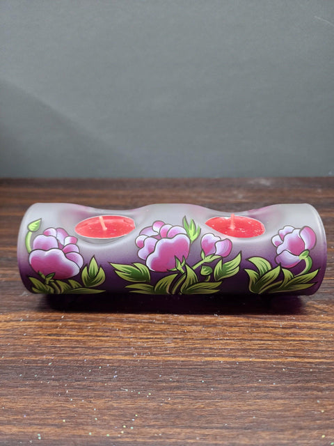 Purple Glass Double Candle Holder  -  Peony Flower Yule Log Style