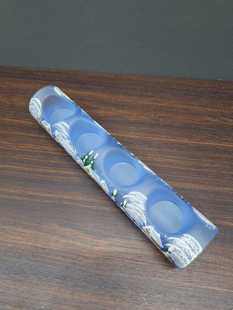 Light Blue Glass Quad Candle Holder - White Cabins  Yule Log Style