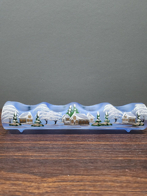 Light Blue Glass Quad Candle Holder - White Cabins  Yule Log Style