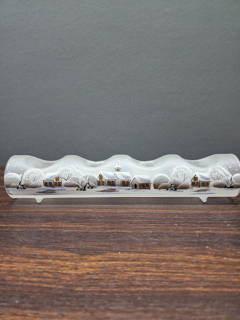 Frosted Glass Quad Candle Holder  - White Church Yule Log Style