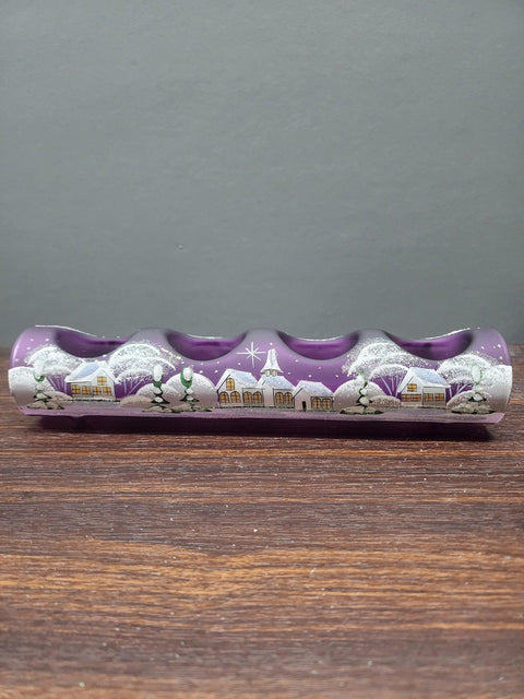 Purple Glass Quad Candle Holder - White Church  Yule Log Style