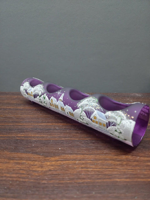 Purple Glass Quad Candle Holder - White Church  Yule Log Style