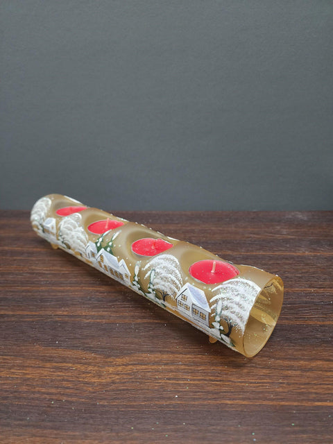 Yellow Glass Quad Candle Holder - White Cabins Yule Log Style