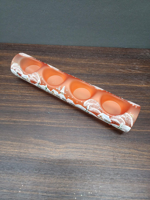 Orange Glass Quad Candle Holder - White Church  Yule Log Style