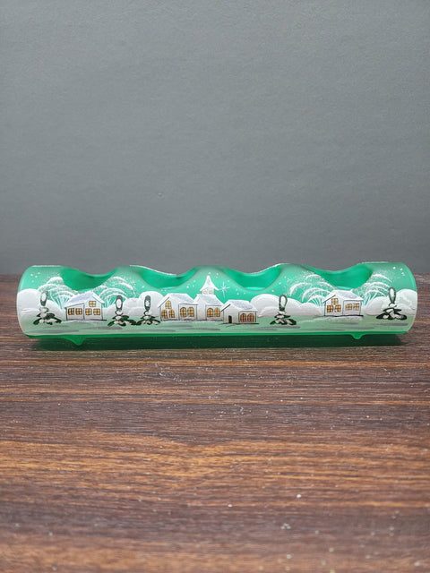 Green Glass Quad Candle Holder - White Church  Yule Log Style