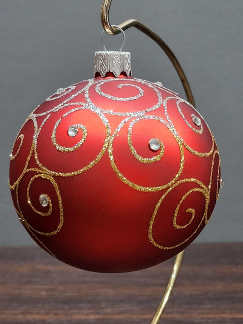 Red Blown Glass Ornament - Handcrafted - Gold & Silver Hooks Design