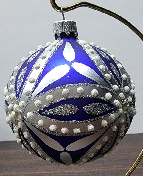 Blue Blown Glass Ornament - Handcrafted - Blue & Silver Ornament Design