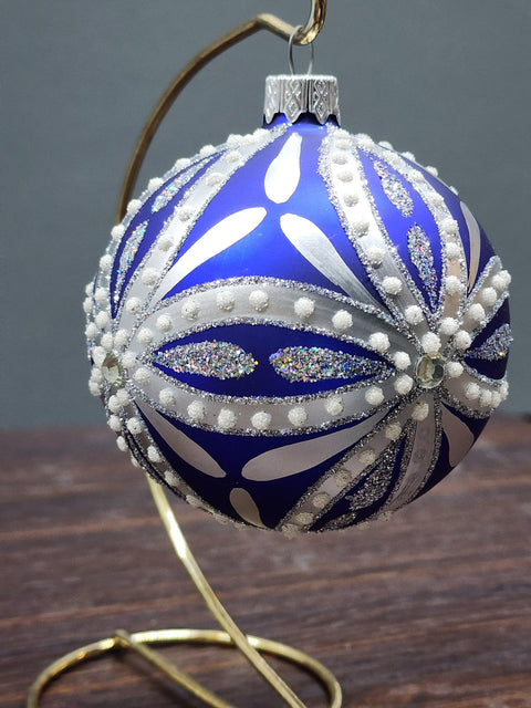 Blue Blown Glass Ornament - Handcrafted - Blue & Silver Ornament Design