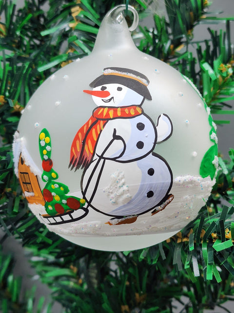 Glass Ornament Snowman W Sleigh Design