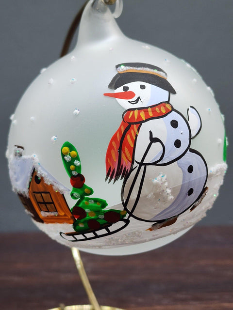 Frosted Blown Glass Ornament - Handcrafted -  Snowman w Sleigh Design