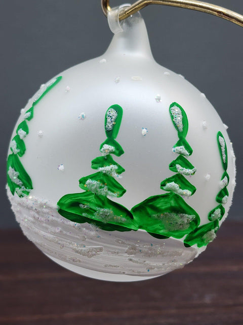 Frosted Blown Glass Ornament - Handcrafted -  Snowman w Sleigh Design