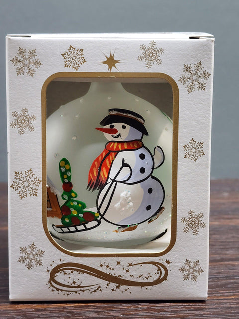 Frosted Blown Glass Ornament - Handcrafted -  Snowman w Sleigh Design