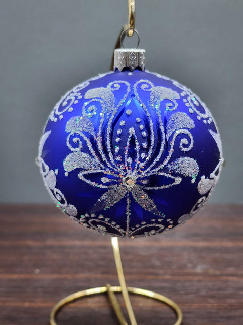 Blue Blown Glass Ornament - Handcrafted - Fancy Flower In Bloom Design