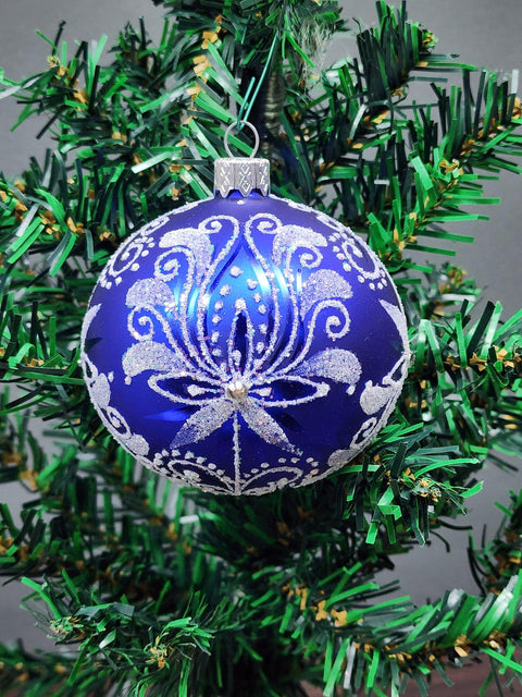 Blue Blown Glass Ornament - Handcrafted - Fancy Flower In Bloom Design